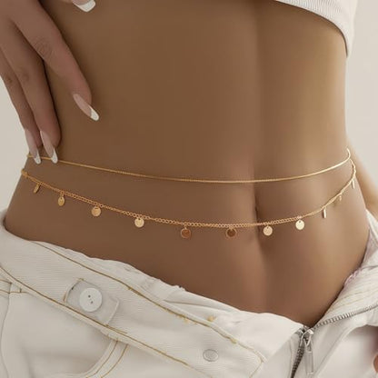 14K Gold Plated Waist Chain for Women, Layered Belly Body Chain | 2Pcs Adjustable Fit, Layered Design, Dainty Chain Styles, Bikini, Dress & Rave Outfits, Beach, Festival & Vacation - color: Gold-Plated 4