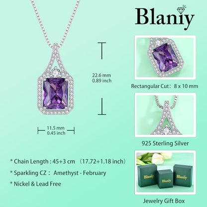Created Gemstone Necklace 925 Sterling Silver Halo Rectangular Pendant Birthstone Necklaces Jewelry Gifts for Women - color: 02 February - Amethyst