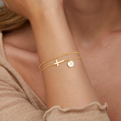 M MOOHAM Initial Cross Bracelet for Women Teen Girl, Baptism Christian Gift | 14K-Gold-Plated Layered Disc Letter Cross Bracelet Jewelry, Baptism Christian Gifts for Women, Confirmation Gifts for Girls - color: C