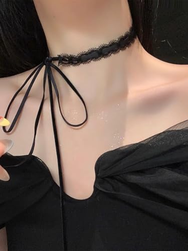 Bravace Lace Bow Choker Necklace for Women Adjustable Long Ribbon Tie Collar Elegant Black White Retro Lolita Gothic Party Neck Jewelry Romantic Lace Choker Daily Wear & Party Accessory Gift - color: Black