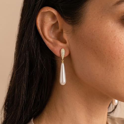 Pearl Earrings for Women Trendy, 14k Gold Plated Freshwater CZ Leaf Pearl Dangle Drop Gold Earrings Lightweight Hypoallergenic Stud Earring Bridesmaid Wedding Gold Jewelry for Women Gifts - style: long pearl earrings