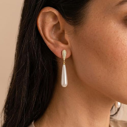 Pearl Earrings for Women Trendy, 14k Gold Plated Freshwater CZ Leaf Pearl Dangle Drop Gold Earrings Lightweight Hypoallergenic Stud Earring Bridesmaid Wedding Gold Jewelry for Women Gifts - style: long pearl earrings
