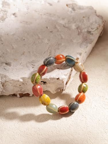 Boho Hippie Colorful Ceramic Beads Strand Stretch Bracelet, Bohemian Summer Beach Jewelry Gift for Women - color: S06