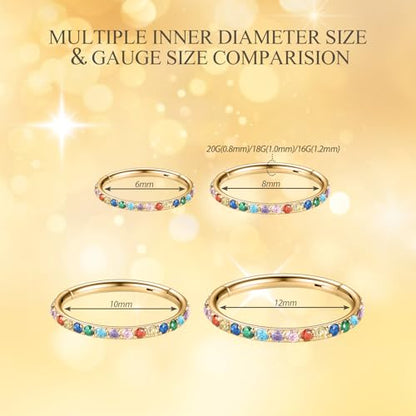 PEAKLINK Nose Ring 316L Surgical Steel Helix Cartilage Conch Earring with Gem Septum Clicker Daith Rook Tragus Lip Belly Ear Lobe Piercing Jewelry Nose Hoop, Diameter 5mm to 12mm - color: Gold with Mix Color CZ