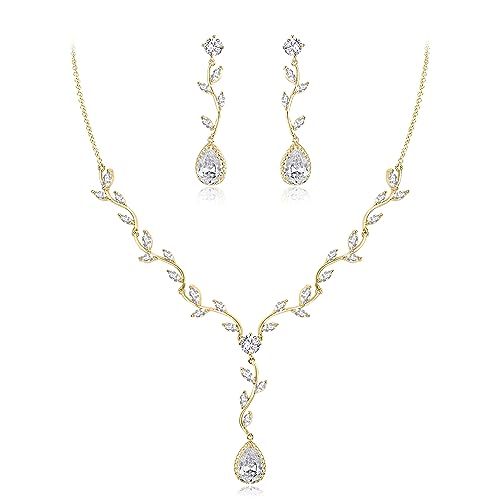 Crysdue Women's Wedding Bridal Jewelry Set for Brides Bridesmaids Cubic Zirconia Flower Leaf Vine Necklace Dangle Earrings for Prom Party - style: 5-gold