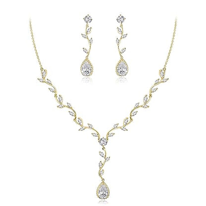 Crysdue Women's Wedding Bridal Jewelry Set for Brides Bridesmaids Cubic Zirconia Flower Leaf Vine Necklace Dangle Earrings for Prom Party - style: 5-gold