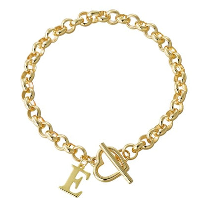 14K Gold Plated Stainless Steel A-Z Alphabet Letter Heart Bracelet | Non-Tarnish Dainty Charm with a Romantic Toggle Clasp Daily Fashion Jewelry, 7-inch Rolo Chain, Personalized Gift for Her - color: E
