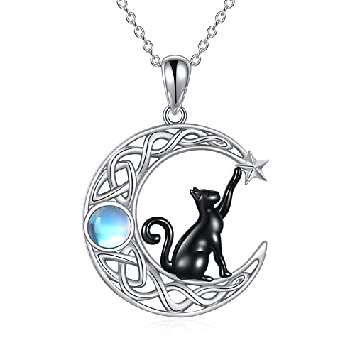 925 Sterling Silver Moon Black Cat Necklace for Women Cat Jewelry - style: A-Black Cat Moonstone Necklace