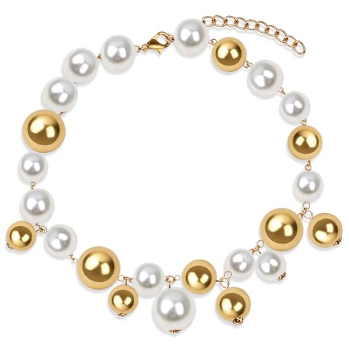 Layered Pearl Choker Necklace for Women, Chunky Large Faux Pearl Beaded Statement Jewelry with Adjustable Chain, Wedding Prom Gift for Her