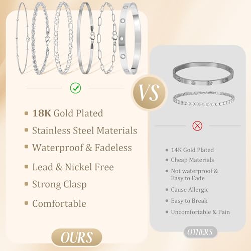 MOINSPIRE Bracelets for Women Non Tarnish, Dainty 18K Gold Plated Bracelets Stack Trendy Waterproof Stackable Bangles, Cuban Link Paperclip Chain Jewelry Set Fashion Accessories Gifts for Women - color: A4-Silver Clip Bead + Bracelet