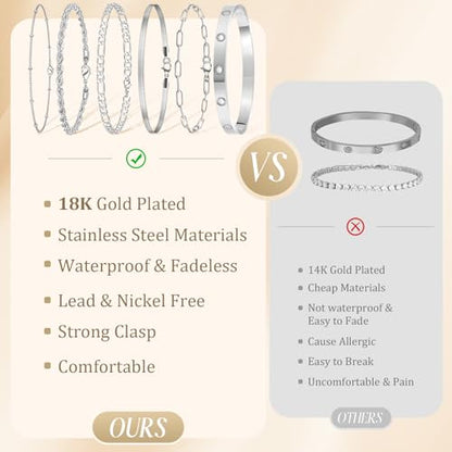 MOINSPIRE Bracelets for Women Non Tarnish, Dainty 18K Gold Plated Bracelets Stack Trendy Waterproof Stackable Bangles, Cuban Link Paperclip Chain Jewelry Set Fashion Accessories Gifts for Women - color: A4-Silver Clip Bead + Bracelet