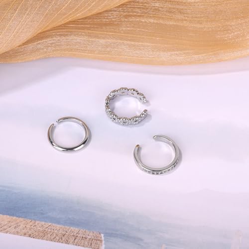 Mikovivi 3pcs Silver Toe Rings, Open Adjustable Copper Toe Ring Set Flower Diamond Plain Foot Ring Summer Beach Foot Jewelry for Women
