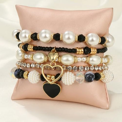 Bohemian Multilayered Faux Pearl Beaded Heart Pendant Crystal Zircon Stackable Multicolor Bracelets Set for Women Handmade Friendship Summer Beach Stretch Bangle Jewelry - color: black