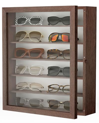 TJ.MOREE Sunglass Organizer Wall Mounted Glasses Holder Display Case 6 Tier | 13 x 15.6 inches Wooden Storage Box for Multiple Pairs Eyeglasses Sports Sunglasses - color: Brown, size: 6-Tier