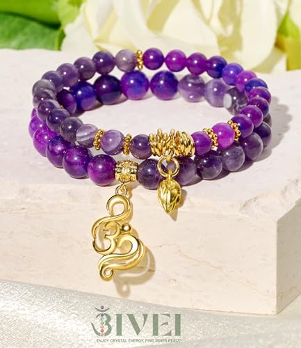 Bivei Natural Semi Precious Gemstone beads bracelet for women - Life Tree and Leaf Charm Energy Reiki Crystal Stretch Bracelets - color: A(New)OM - Amethyst, size: Medium:6.8-7.24inch