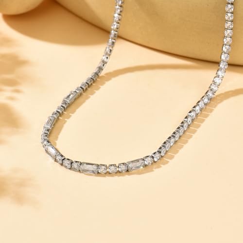 Tennis Necklaces for Women 18K Gold Plated White Red Green Blue Cubic Zirconia Necklaces Dainty Rhinestone Choker Necklaces Trendy Faux Diamond Tennis Chain 3mm - color: White Tennis Choker -White Gold
