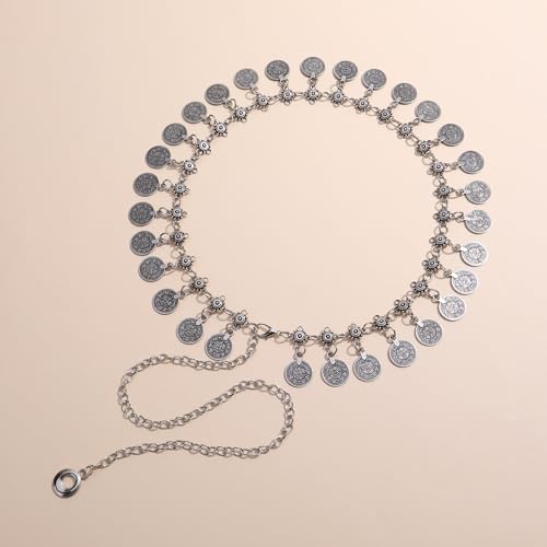 CHIC DIARY Metal Chain Belt for Women Coin Belly Link Tassel Belt for Dress | Boho Style Coin Pendant Tassel Belt Gold/Silver Adjustable Concho Belly Dance Belts for Dresses Skirts Jeans - color: Silver