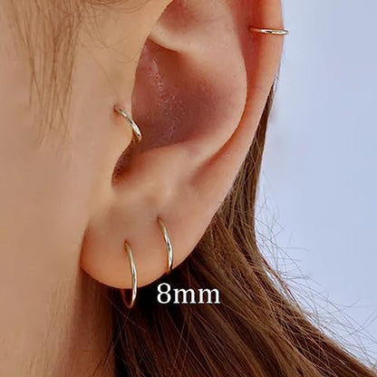 Small Gold Hoop Earrings, Lightweight 14K Gold Plated Huggie Hoop Earrings for Cartilage Helix Tragus, Hypoallergenic Earrings for Women Men, Tiny Thin Hoops Surgical Steel Endless Hoops Earrings 6-10 mm - color: 8mm Hoop Silver-18g