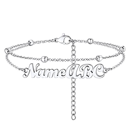 PROSTEEL Trendy Handcuffs Design/Customize Words Ankle Bracelet For Women, 316L Stainless Steel Anklets Silver/Gold/Black Tone, Hypoallergenic, Come with Box - style: 04 Customize-Bead Chain(8.5"-10.5")-Elegant Silver