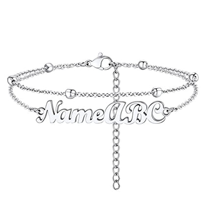 PROSTEEL Trendy Handcuffs Design/Customize Words Ankle Bracelet For Women, 316L Stainless Steel Anklets Silver/Gold/Black Tone, Hypoallergenic, Come with Box - style: 04 Customize-Bead Chain(8.5"-10.5")-Elegant Silver