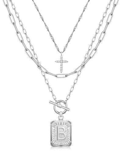 MJartoria Layered Initial Necklaces for Women Trendy, 14K Gold Plated Brass Simple Dainty Cross Choker Square Letter Pendant Necklace, Paperclip Chain Necklaces Jewelry - color: Silvery, style: B
