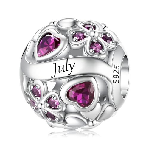 LNQOBU 925 Sterling Silve Lucky Birthstone Charm for Bracelets, With 5A Cubic Zirconia Birthday Charms Dangle Pendant Bead for Pandora Bracelets and Necklaces - color: G1-July