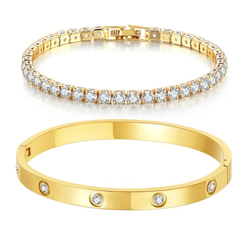 18K Gold Plated Dainty Tennis Bracelets Set 4mm/6mm Love Bangle Bracelets with 3mm/4mm Cubic Zirconia Classic Tennis Bracelet| Gold Bracelets for Women | Size 6.5/7/7.5 Inch - color: 4mm&6mm Gold Tennis Bangle, size: 7 Inches