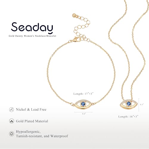 SEADAY Layered Gold Necklace for Women, 3-in-1 Gold Stack Necklace | Long Gold Necklace, Square, Hypoallergenic, Tarnish-resistant & Adjustable, Fashion Jewelry Gift Box & Gift Bag - color: Gold-Blue Eye Set
