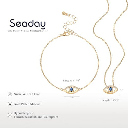 SEADAY Layered Gold Necklace for Women, 3-in-1 Gold Stack Necklace | Long Gold Necklace, Square, Hypoallergenic, Tarnish-resistant & Adjustable, Fashion Jewelry Gift Box & Gift Bag - color: Gold-Blue Eye Set