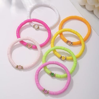 Friendship Bracelets for Women - Heishi Surfer Colorful Smile Evil Eye Clay Beaded Stretch Bracelets Elastic Layering - Stackable Boho Disc Y2K Aesthetic Summer Jewelry Set. - color: COLORFUL SMILE