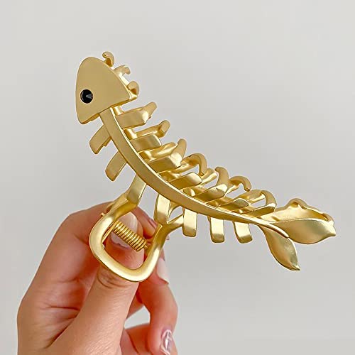 Metal Gold Fishbone Hair Clips Acrylic Large Hair Claw Cross Hairclip Elegant Fish Bone Headband Hairpin Hair Crab Female Lady Nonslip Barrette Hair Accessories for Women Thick or Thin Hairs - color: Gold Fishbone