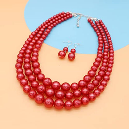 Chunky Layered Imitation Pearl Necklace for Women 3 strand Pearl Necklaces Faux Pearl Necklace Earrings Set 1920s Flapper Gatsby Costume Accessories - color: 3 strand pearl necklace Red
