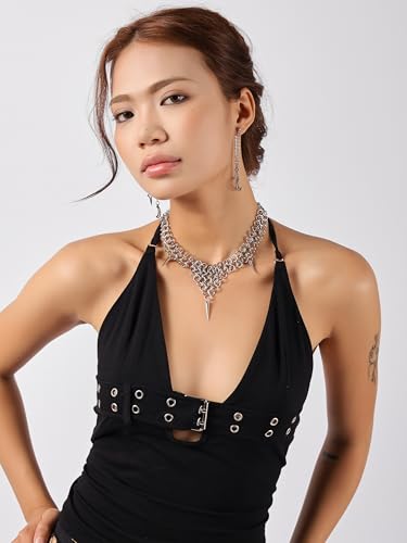 Sacina Chunky Spike Choker, Gothic Emo Punk Grunge Necklace, Goth Jewelry - color: Silver