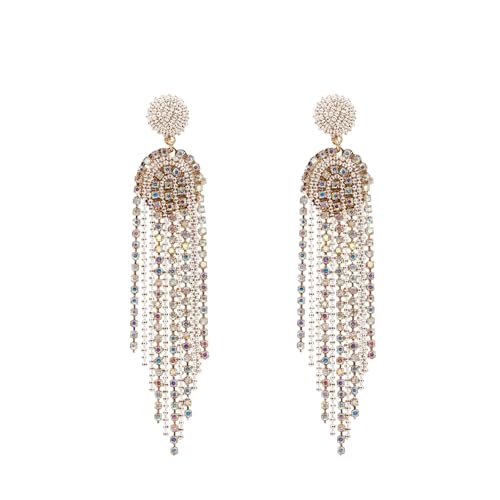 Fringe Dangling Tassel Earrings for Women, Handcrafted Chandelier Long Bohemian Beaded Cubic Zirconia Crystal Imitation Pearls Inlay Statement Boho Chain Hook Earrings for Wedding Party - color: Colorful White Fringe