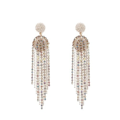 Fringe Dangling Tassel Earrings for Women, Handcrafted Chandelier Long Bohemian Beaded Cubic Zirconia Crystal Imitation Pearls Inlay Statement Boho Chain Hook Earrings for Wedding Party - color: Colorful White Fringe
