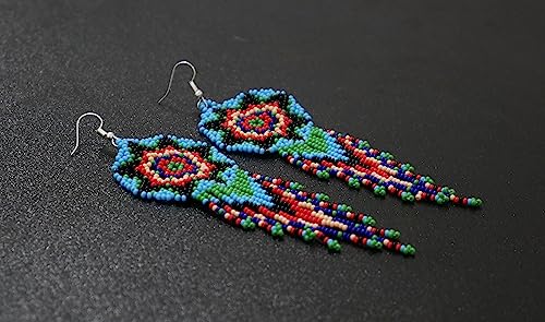 Handmade Native American Style Tribal ethnic Seed Bead Beaded Layered Medallion Necklace 4 - color: Skyblye Red & Green