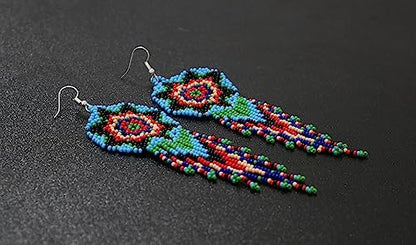 Handmade Native American Style Tribal ethnic Seed Bead Beaded Layered Medallion Necklace 4 - color: Skyblye Red & Green