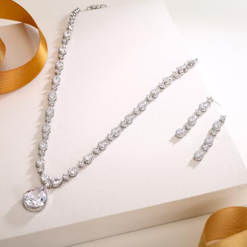 EVER FAITH Pear Shaped Cubic Zirconia Bridal Wedding Jewelry Set for Women | Gorgeous Water Drop Bride Necklace Dangle Earrings, for Bride Bridesmaid - color: White -18.3 inches