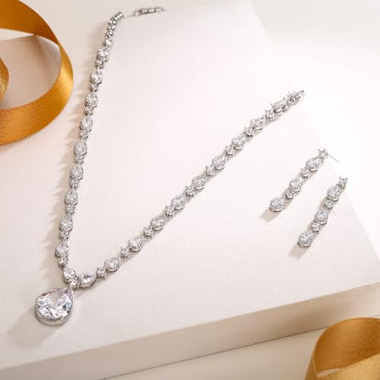 EVER FAITH Pear Shaped Cubic Zirconia Bridal Wedding Jewelry Set for Women | Gorgeous Water Drop Bride Necklace Dangle Earrings, for Bride Bridesmaid - color: White -18.3 inches