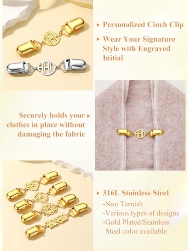 Custom4U Personalized Sweater Clips for Cardigans, Custom Name Initials Cinch Clip, Stainless Steel Dress Clips Back Cinch Shirt Clips for Women Clothing, Shawl Dress Shirts Cincher Small Brooch Jewelry Gifts - color: Gold Color-Round