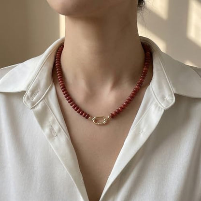 CONRAN KREMIX Colorful Stone Beaded Necklace for Women,Natural Gemstone Bead Choker Necklaces Boho Summer Beach Layering Necklace Jewelry Gift for Women - color: Brick Red