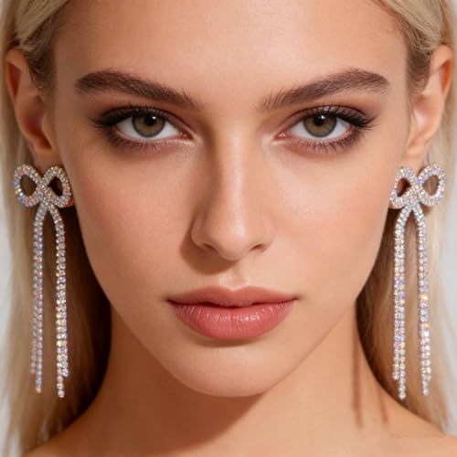 Rhinestone Earrings Dangling for Women Sparkly Silver Dangle Earrings Girls Long Chandelier Earrings Tassel Lightweight Ear Studs Cubic Zirconia (KE001S-W) - color: Bow 516286S-WAB Silver Crystal AB