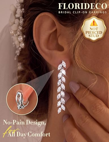 Florideco Silver Plated Clip On Earrings Wedding Dangle Earrings for Women - color: S-Long Leaves
