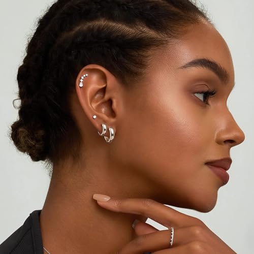 5mm Chunky Hoop Earrings Set, 3 Pairs Durable Bold Small Gold Hoop Earrings, Hypoallergenic 925 Silver Post Huggie Hoops, Lightweight Stacked-Style Thick Hoops Earring for Women - color: Silver, size: 9/11/13mm