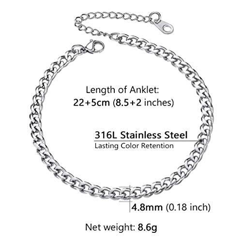 PROSTEEL Ankle Bracelets for Women, Silver/Gold/Black, Waterproof Anklets | Waterproof, Stainless Steel, Summer Beach Jewelry, Durable & No Tarnish, Come with Gift Box, 8-10.5" Adjustable, Plus Size - color: B: silver-cuban chain-4.8mm