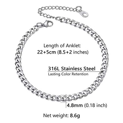 PROSTEEL Ankle Bracelets for Women, Silver/Gold/Black, Waterproof Anklets | Waterproof, Stainless Steel, Summer Beach Jewelry, Durable & No Tarnish, Come with Gift Box, 8-10.5" Adjustable, Plus Size - color: B: silver-cuban chain-4.8mm