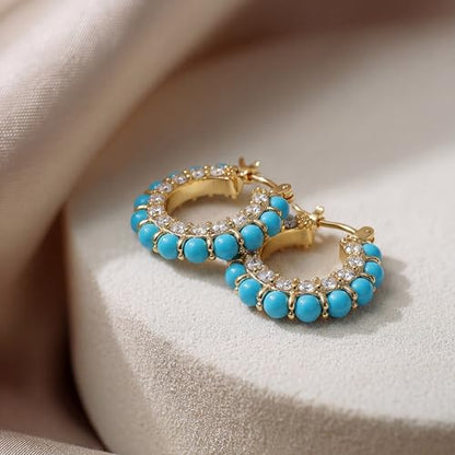 DREMMY STUDIOS Gold Dainty Huggie Hoop Earrings 18K Gold Plated Exquisite Open Tassel Dangle Charm Drop Sleeper Geometric Cross Coin Star Heart White CZ Simple Hypoallergenic Earrings for Women - color: Turquiose CZ Hoops