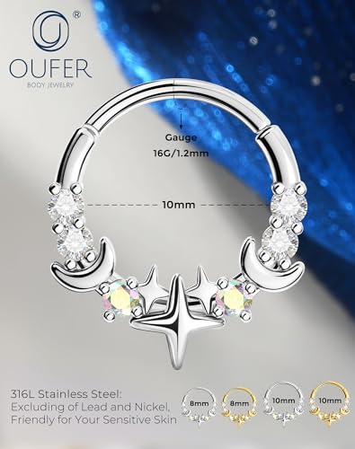 OUFER 16G Silver Gold Moon Star Hinged Segment Septum Ring 316L Surgical Stainless Steel CZ Septum Jewelry 8mm 10mm Inner Diameter with Free Tweezer Helix Tragus Conch Lip Piercing Jewelry for Women - color: Silver