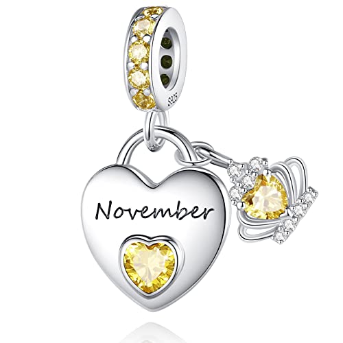 Birthstone Charms for Charms Bracelet: 925 Sterling Silver Heart Dangle Charms for Bracelets and Necklaces, Birthday Mother's Day Christmas Gifts For Women. - color: November