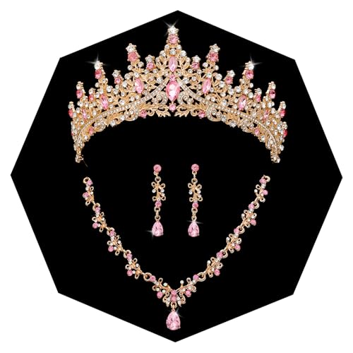 Crystal Crown Jewelry Set for Women Bride Queen Tiara Earrings and Necklace | Metal Royal Crown Costume Jewelry Set Wedding Prom Quinceanera Party Pageant Halloween Retirement Christmas Birthday Gift - color: Pink